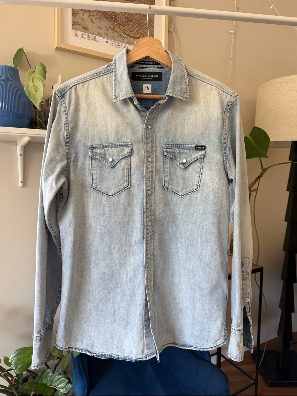 Replay Blue Jeans Light Blue Denim Shirt - Classic Western Pocket Shirt - Picture 4 of 7